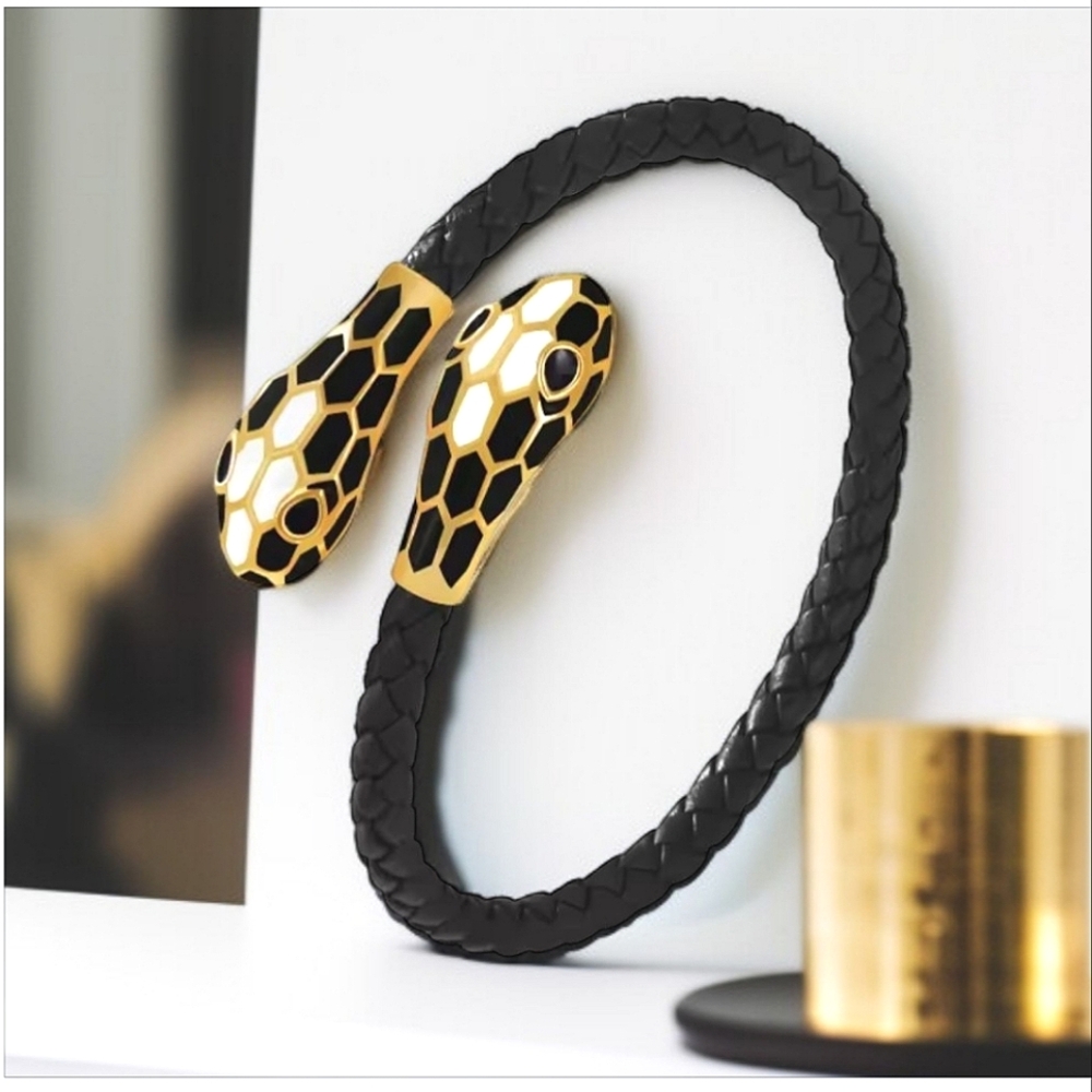 18k Gold Plated Snake Serpent Black White Enamel Braided Leather Bracelet